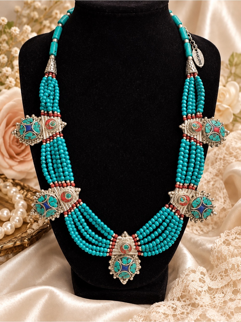 Tanjore India Turquoise Multi-Strand Tribal Statement Necklace